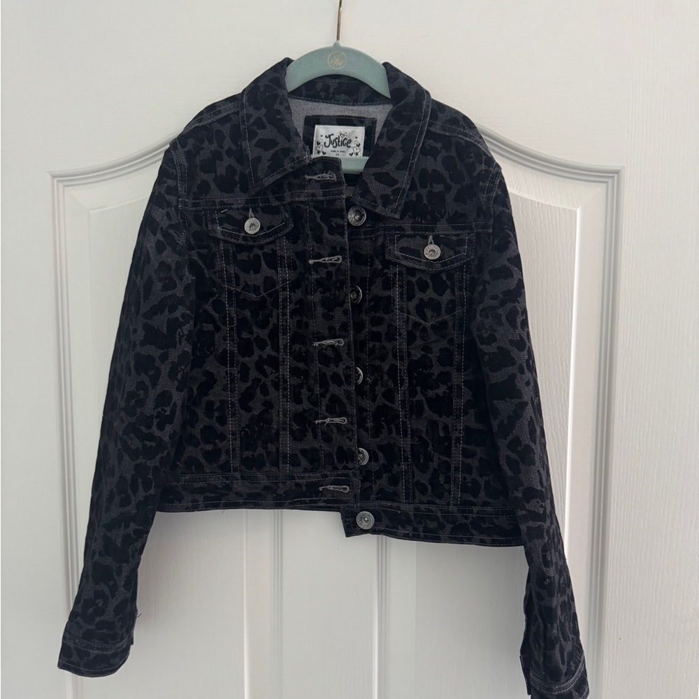 Justice Black Leopard Print Jean Jacket